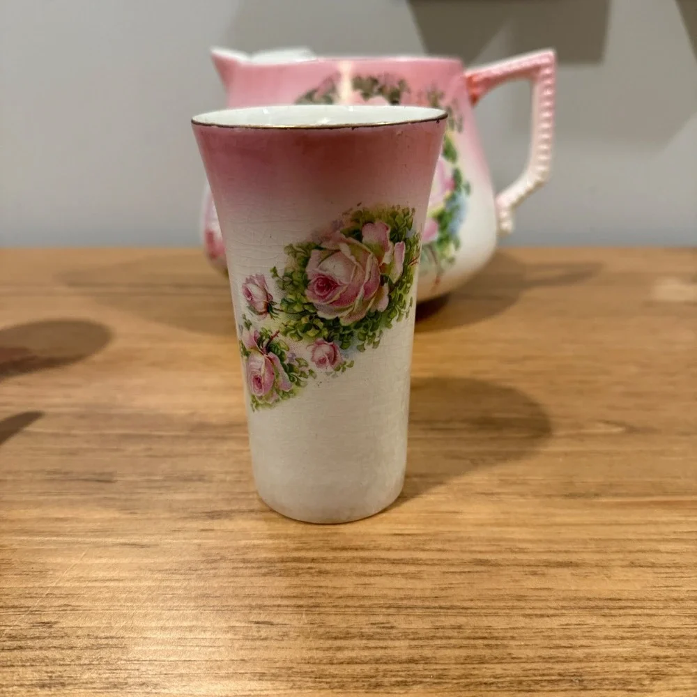 Vintage Owen Minerva Floral Pitcher and Glasses‎ Set Pink Roses Shabby Chic